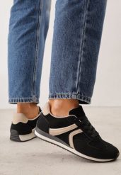 Czarne Sneakersy Casual z Imitacji Zamszu z Geometrycznymi Wstawkami na Boku Sadiqa. Czarne obuwie sportowe damskie Renee, bez wzorów, z jeansu, bez zapięcia. Za 119.99 zł.