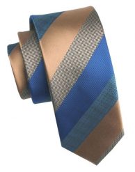 Elegancki i Modny Męski Krawat - Angelo di Monti - Beże i Niebieski, Duży Prążek. Niebieskie krawaty i muchy Angelo di Monti, bez wzorów, z tkaniny, eleganckie. Za 45.00 zł.