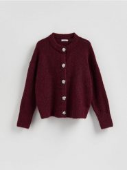 Kardigan z dekoracyjnymi guzikami - bordowy. Czerwone kardigany damskie Reserved, l, bez wzorów, z dzianiny, bez kołnierzyka. Za 139.99 zł.