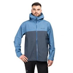 Kurtka trekkingowa męska Minimalist Pertex. Niebieskie kurtki sportowe męskie Marmot, l, bez wzorów, z hardshellu, bez kaptura, trekkingowe. Za 899.99 zł.