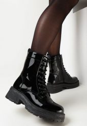 Czarne Lakierowane Botki Workery Ralotta. Czarne botki damskie Born2be, bez wzorów, z jeansu, eleganckie, bez obcasa, na płaskiej podeszwie, bez zapięcia. Za 49.99 zł.