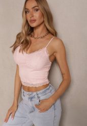 Różowy Koronkowy Top z Wiskozą Ridivanya. Czerwone topy damskie Renee, l, z aplikacjami, z jeansu, eleganckie, bez kołnierzyka, bez ramiączek. Za 54.99 zł.