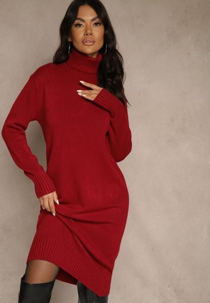 Bordowa Sweterkowa Sukienka z Bawełną i Golfem Reinaria. Czerwone sukienki damskie Renee, na co dzień, bez wzorów, z bawełny, bez kołnierzyka, bez ramiączek. Za 99.99 zł.