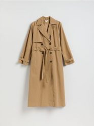 Trencz z paskiem - beżowy. Brązowe płaszcze damskie Reserved, l, bez wzorów, z bawełny, klasyczne, bez kołnierzyka, bez kaptura. Za 399.99 zł.