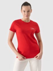 4F T-shirt slim z nadrukiem damski - czerwony XS. Czerwone t-shirty damskie 4F, xs, bez wzorów, z bawełny, klasyczne, bez kołnierzyka, bez ramiączek. W wyprzedaży za 29.99 zł.