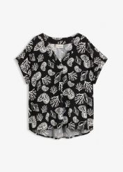 Bluzka tunikowa z lejącego materiału. Czarne bluzki damskie bonprix, bez wzorów, bez kołnierzyka, bez ramiączek. Za 112.99 zł.