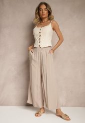 Beżowe Szerokie Spodnie z Wiskozy ze Sznurkiem Natisetia. Brązowe spodnie materiałowe damskie Renee, bez wzorów, z jeansu, eleganckie. Za 49.99 zł.