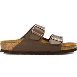 Klapki męskie Birkenstock Arizona. Brązowe klapki męskie Birkenstock, bez wzorów, z materiału, bez zapięcia. Za 359.00 zł.