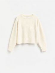 Sweter z dodatkiem wełny - kremowy. Białe swetry nierozpinane damskie Reserved, l, bez wzorów, z dzianiny, bez kołnierzyka, bez ramiączek. Za 139.99 zł.