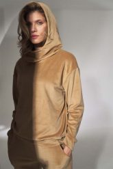 Welurowa Bluza z Kapturem - Beżowa. Brązowe bluzy damskie Figl, l, bez wzorów, z lycry, bez ramiączek, z kapturem. Za 229.00 zł.