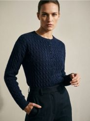 Kardigan z dekoracyjnym splotem - granatowy. Niebieskie kardigany damskie Sinsay, l, bez wzorów, ze splotem, bez kołnierzyka. Za 49.99 zł.