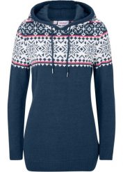 Sweter z kapturem. Niebieskie swetry nierozpinane damskie bonprix, bez wzorów, z dzianiny, bez kołnierzyka, bez ramiączek. Za 114.99 zł.