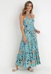 Niebieska Sukienka Phylia. Niebieskie sukienki damskie Born2be, na lato, s, bez wzorów, z wiskozy, bez kołnierzyka, bez ramiączek, maxi, rozkloszowane. Za 29.99 zł.
