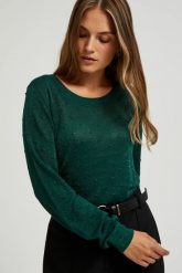 Sweter z długimi rękawami ozdobiony metaliczną nitką zielony. Zielone swetry nierozpinane damskie MOODO, l, bez wzorów, z wiskozy, bez kołnierzyka, bez ramiączek. W wyprzedaży za 47.99 zł.