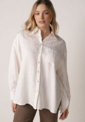Biała Wiskozowa Koszula z Dodatkiem Lnu z Tkaniny Strukturalnej Noma. Białe koszule damskie Born2be, uniwersalny, bez wzorów, z jeansu, casualowe, bez kołnierzyka, bez ramiączek. Za 89.99 zł.