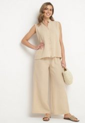 Beżowy Komplet Koszula bez Rękawów i Szerokie Spodnie z Gumką w Pasie Telanwena. Brązowe koszule damskie Born2be, xl, bez wzorów, eleganckie, bez kołnierzyka, bez ramiączek. Za 84.99 zł.