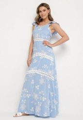 Niebieska Wiskozowa Sukienka Ozdobiona Haftami i Falbankami Lumionea. Niebieskie sukienki damskie Born2be, m, bez wzorów, z wiskozy, eleganckie, bez kołnierzyka, bez ramiączek, maxi. Za 129.99 zł.