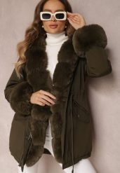 Ciemnozielona Kurtka Parka z Futerkiem i Szerokim Kapturem Florion. Zielone kurtki damskie Renee, na zimę, l, z aplikacjami, z futra. Za 249.99 zł.