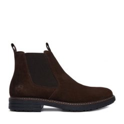 Botki Rieker. Brązowe botki męskie Rieker, bez wzorów, bez obcasa, bez zapięcia. Za 439.99 zł.