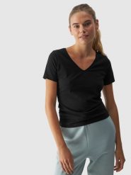 4F T-shirt slim gładki damski - czarny S. Czarne t-shirty damskie 4F, s, bez wzorów, z bawełny, klasyczne, bez kołnierzyka, bez ramiączek. W wyprzedaży za 29.99 zł.