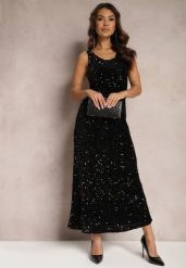 Czarna Sukienka Maxi na Ramiączkach w Cekiny Misona. Czarne sukienki damskie Renee, l, bez wzorów, bez kołnierzyka, bez ramiączek, maxi. Za 149.99 zł.