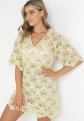 Beżowo-Zielona Pudełkowa Sukienka Mini z Głębokim Dekoltem z Szydełkowej Bawełny Cristel. Brązowe sukienki damskie Born2be, bez wzorów, z bawełny, boho, bez kołnierzyka, bez ramiączek, mini. Za 199.99 zł.