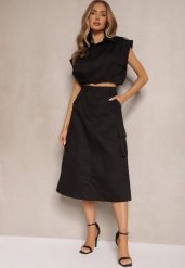 Czarny Komplet w Stylu Utility Koszula Cropped Bez Rękawów i Spódnica z Kieszeniami Notcha. Czarne koszule damskie Renee, m, bez wzorów, klasyczne, bez kołnierzyka, bez ramiączek. Za 74.99 zł.