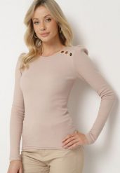 Beżowa Prążkowana Bluzka z Bawełny Ozdobiona Guzikami Rellemi. Brązowe bluzki damskie Born2be, s, z aplikacjami, z bawełny, eleganckie, bez kołnierzyka, bez ramiączek. Za 59.99 zł.