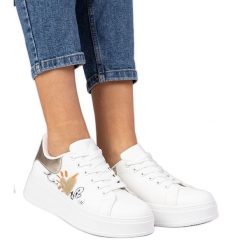 Biało-złote sneakersy trampki sportowe damskie z nadrukiem białe. Białe trampki i tenisówki damskie bez wzorów, z syntetyku, przed kostkę, bez zapięcia. Za 84.03 zł.