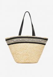 Beżowa Pleciona Torebka Shopper Ozdobiona Tasiemką Perłami i Cekinami Klubia. Brązowe shopperki damskie Born2be, bez wzorów, bez dodatków. Za 84.99 zł.