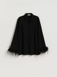 Koszula z metalizowaną nitką - czarny. Czarne koszule damskie Reserved, l, bez wzorów, z dzianiny, bez kołnierzyka, bez ramiączek. Za 159.99 zł.