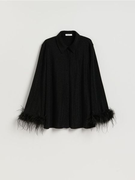 Koszula z metalizowaną nitką - czarny. Czarne koszule damskie Reserved, l, bez wzorów, z dzianiny, bez kołnierzyka, bez ramiączek. Za 159.99 zł.