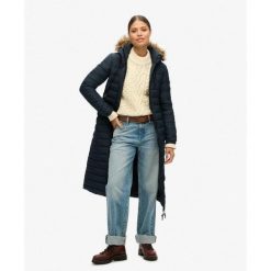 Płaszcz Super Longline Fuji. Niebieskie płaszcze damskie Superdry, bez wzorów, eleganckie, bez kołnierzyka, bez kaptura. W wyprzedaży za 641.25 zł.