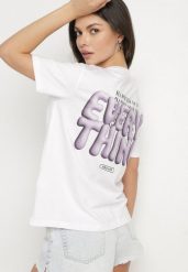 Biało-Fioletowy Bawełniany T-shirt z Napisami Hallena. Białe t-shirty damskie Born2be, l, bez wzorów, z bawełny, biznesowe, bez kołnierzyka, bez ramiączek. Za 49.99 zł.