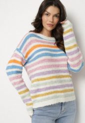 Niebieski Sweter w Kolorowe Paski z Wełną Amleva. Niebieskie swetry nierozpinane damskie Born2be, m, bez wzorów, z jeansu, eleganckie, bez kołnierzyka, bez ramiączek. Za 119.99 zł.