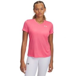 Koszulka treningowa damska z dekoltem w serek Under Armour Tech™. Białe bluzki damskie Under Armour, bez wzorów, z materiału, bez kołnierzyka, bez ramiączek. Za 186.50 zł.