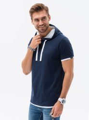 T-shirt męski z kapturem - granatowy V4. Niebieskie t-shirty męskie Ombre Clothing, m, bez wzorów, z bawełny, bez kołnierzyka, bez ramiączek. W wyprzedaży za 29.99 zł.