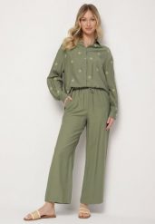 Zielony Komplet z Wiskozy o Kroju Oversize Koszula z Haftem i Spodnie Sadeonna. Zielone koszule damskie Born2be, l, bez wzorów, z wiskozy, eleganckie, bez kołnierzyka, bez ramiączek. Za 129.99 zł.