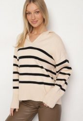 Czarno-Beżowy Sweter Ozdobiony Paskami i Kołnierzykiem Arsena. Czarne swetry nierozpinane damskie Born2be, s, bez wzorów, z jeansu, biznesowe, bez kołnierzyka, bez ramiączek. Za 99.99 zł.