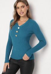 Niebieski Sweter z Bawełną z Prążkowanego Materiału Ozdobiony Guzikami Zinfera. Niebieskie swetry nierozpinane damskie Born2be, uniwersalny, bez wzorów, z bawełny, klasyczne, bez kołnierzyka, bez ramiączek. Za 44.99 zł.