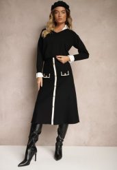Czarna Spódnica High Waist z Guzikami Imitacją Kieszeni i Gumką w Pasie Melorana. Czarne spódnice damskie Renee, na zimę, m, bez wzorów, z dzianiny, z podwyższonym stanem, midi. Za 84.99 zł.