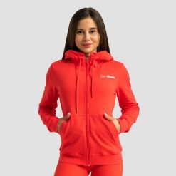 Bluza damska fitness z kapturem i zamkiem czerwona Limitless. Czerwone bluzy damskie GYMBEAM, xs, bez wzorów, z bawełny, sportowe, bez ramiączek, z kapturem. Za 127.90 zł.