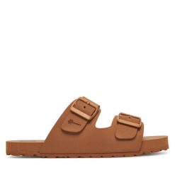 Klapki Manebi. Brązowe klapki damskie Manebi, bez wzorów, bez obcasa, bez zapięcia. Za 279.99 zł.
