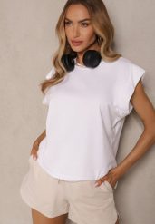 Biały Top z Bawełny Ozdobiony Falbanką Galanetia. Białe topy damskie Renee, bez wzorów, z bawełny, klasyczne, bez kołnierzyka, bez ramiączek. Za 49.99 zł.