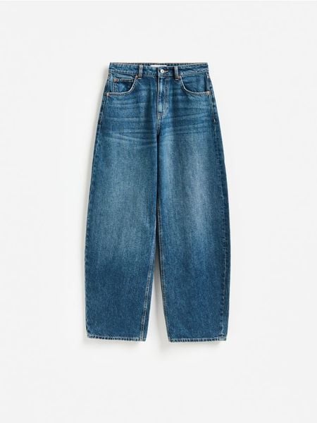 Jeansy barrel leg - granatowy. Niebieskie jeansy damskie Reserved, bez wzorów, z bawełny. Za 129.99 zł.