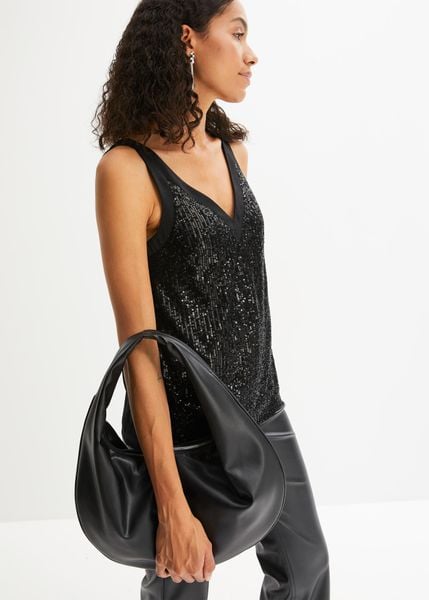 Top. Czarne topy damskie bonprix, bez wzorów, bez kołnierzyka, bez ramiączek. Za 119.99 zł.
