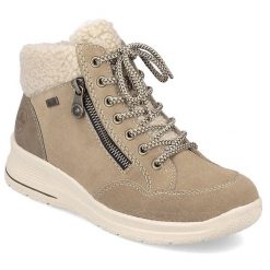 Skórzane wodoodporne botki damskie beżowe Rieker L7701-24. Brązowe botki damskie Rieker, bez wzorów, ze skóry, bez obcasa, bez zapięcia. Za 259.35 zł.