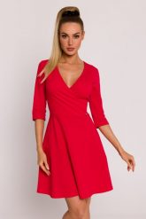 Czerwona Mini Sukienka z Dekoltem i Zakładkami. Czerwone sukienki damskie MOE, l, bez wzorów, z bawełny, wizytowe, bez kołnierzyka, bez ramiączek, mini. Za 316.90 zł.