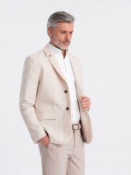 Męska marynarka o kroju REGULAR z lnem - kremowa V1 OM-BLZB-0128 - XXL. Białe garnitury męskie Ombre Clothing, l, bez wzorów, z materiału, biznesowe. W wyprzedaży za 249.99 zł.