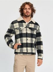 Kurtka sherpa w kratę - czarny. Czarne kurtki męskie Sinsay, l, bez wzorów, bez kaptura. Za 119.99 zł.